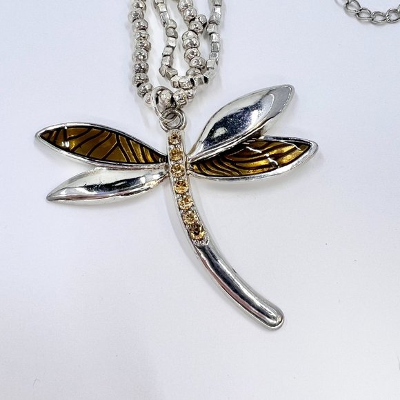 NWOT - Enameled & Jeweled Dragonfly Silver Tone Two Strand 14" Choker Necklace - Picture 5 of 7